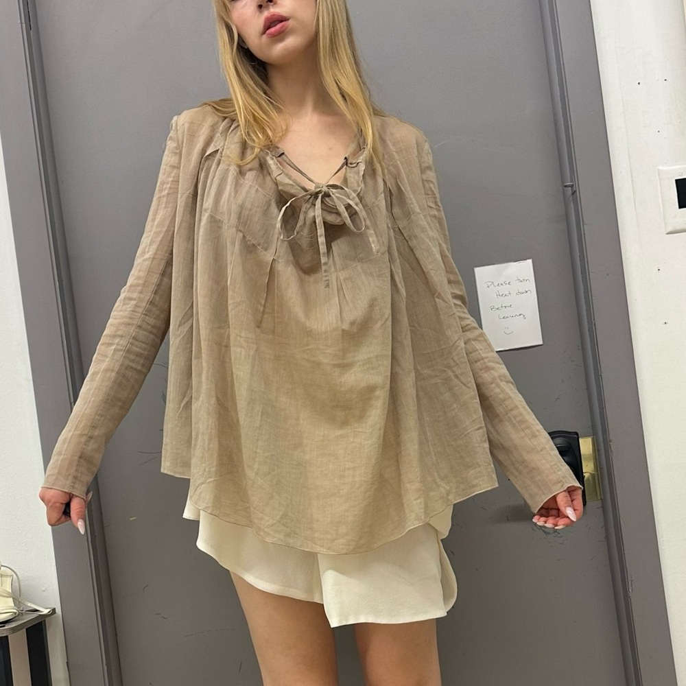 Marni Taupe Brown Cotton Long Sleeve Cowl Neck Bow Toe Top Blouse